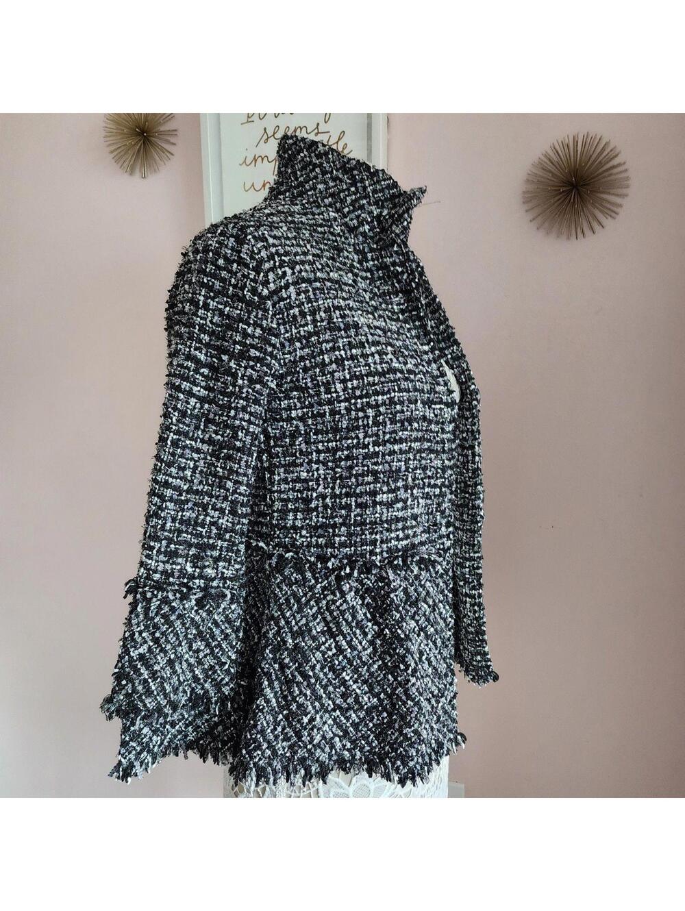 DAMEE Black white silver peplum fringe blazer jacket unique Petite S